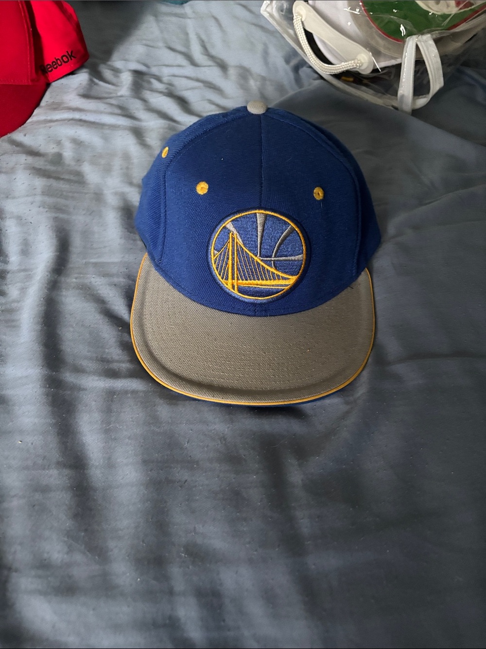 adidas Blue and Gray Basketball Snapback Hat with Yellow Accent